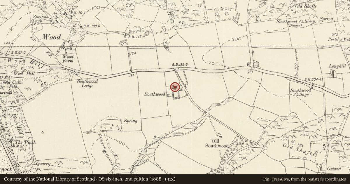 Ordnance Survey six-inch map, 2nd edition (1888–1913) covering the location of Southwood, Nolton and Roch, Pembrokeshire, with a pin at the register's coordinates