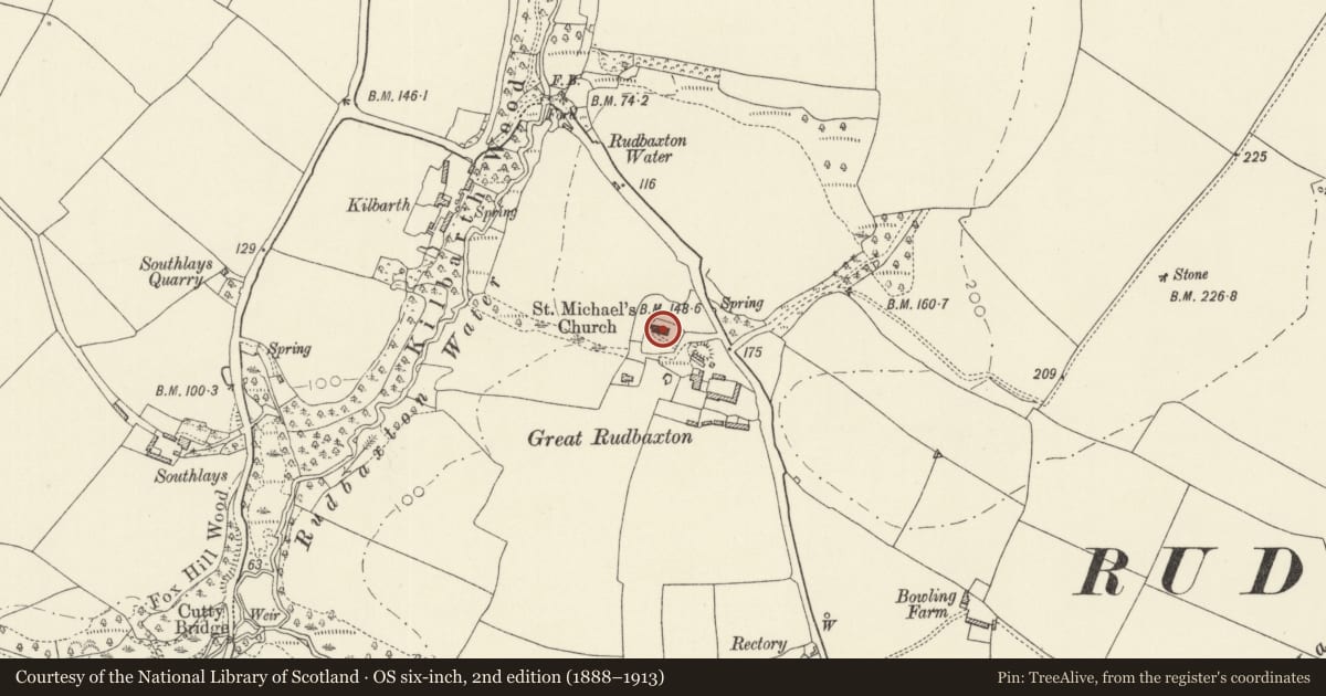 Ordnance Survey six-inch map, 2nd edition (1888–1913) covering the location of Church of Saint Michael, Rudbaxton, Pembrokeshire, with a pin at the register's coordinates