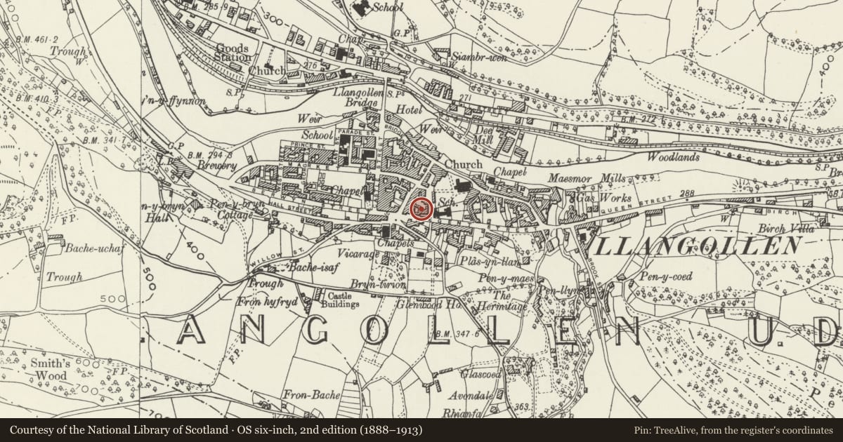 Ordnance Survey six-inch map, 2nd edition (1888–1913) covering the location of 7 Regent Street, Llangollen, Denbighshire, with a pin at the register's coordinates