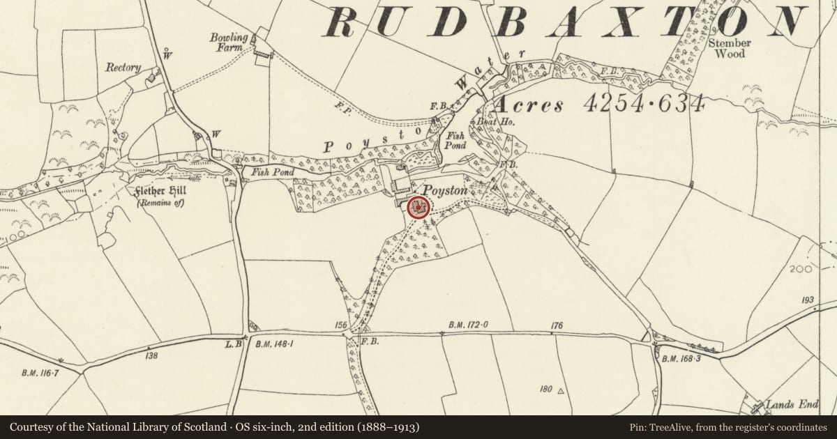 Ordnance Survey six-inch map, 2nd edition (1888–1913) covering the location of Poyston including attached service ranges to NW., Rudbaxton, Pembrokeshire, with a pin at the register's coordinates