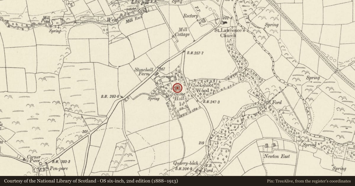 Ordnance Survey six-inch map, 2nd edition (1888–1913) covering the location of Stone Hall, Hayscastle, Pembrokeshire, with a pin at the register's coordinates