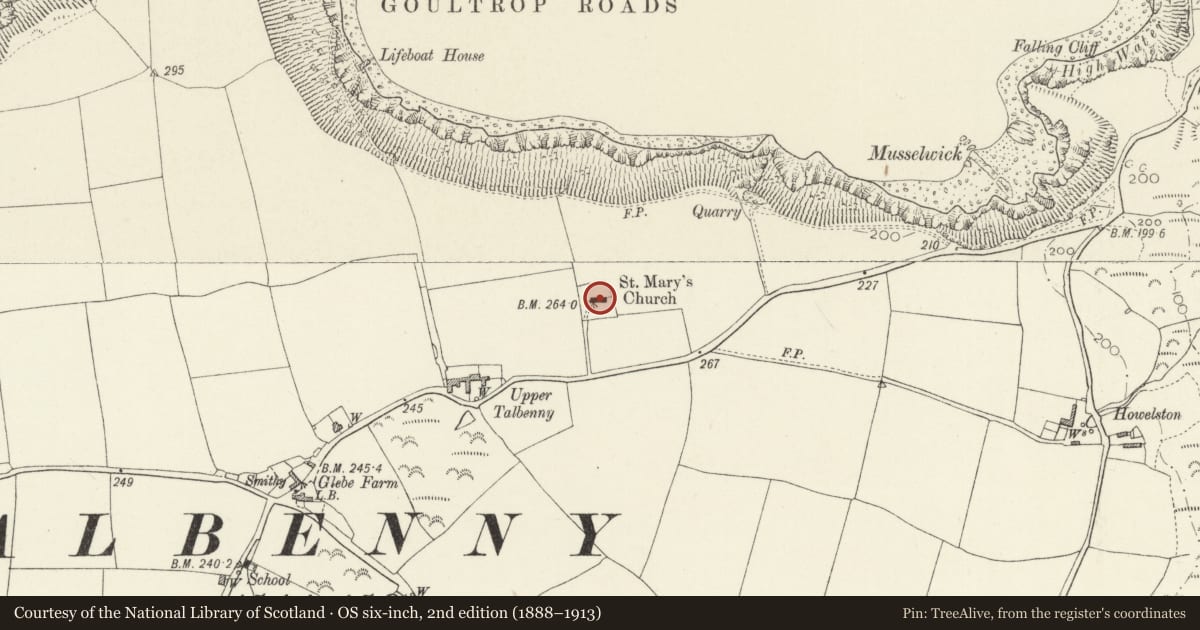 Ordnance Survey six-inch map, 2nd edition (1888–1913) covering the location of Church of Saint Mary the Virgin, The Havens, Pembrokeshire, with a pin at the register's coordinates