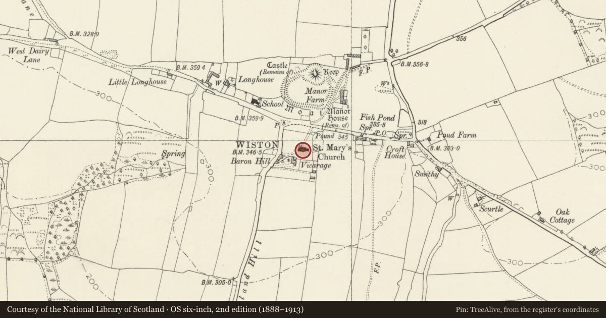 Ordnance Survey six-inch map, 2nd edition (1888–1913) covering the location of Church of Saint Mary, Wiston, Pembrokeshire, with a pin at the register's coordinates