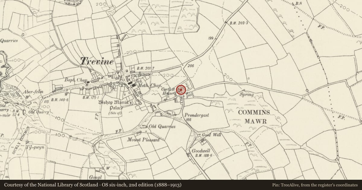 Ordnance Survey six-inch map, 2nd edition (1888–1913) covering the location of Cartlett House, Llanrhian, Pembrokeshire, with a pin at the register's coordinates