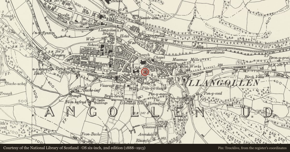 Ordnance Survey six-inch map, 2nd edition (1888–1913) covering the location of Church House, Llangollen, Denbighshire, with a pin at the register's coordinates