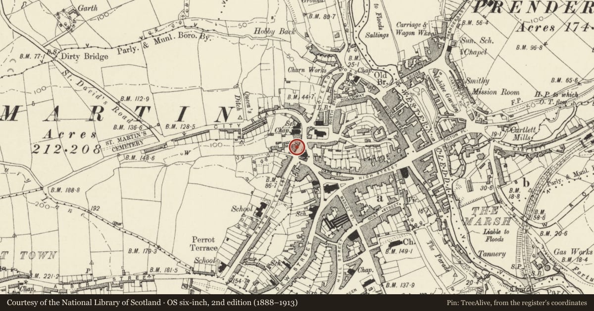 Ordnance Survey six-inch map, 2nd edition (1888–1913) covering the location of No 1 Spring Gardens, Haverfordwest, Pembrokeshire, with a pin at the register's coordinates