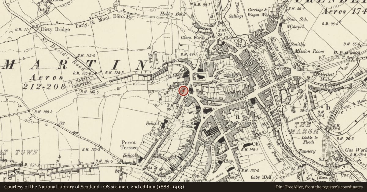 Ordnance Survey six-inch map, 2nd edition (1888–1913) covering the location of No 5 Spring Gardens including area railings, Haverfordwest, Pembrokeshire, with a pin at the register's coordinates