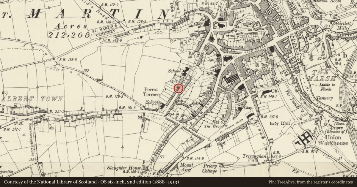 Ordnance Survey six-inch map, 2nd edition (1888–1913) covering the location of No 15 Perrot's Terrace, Haverfordwest, Pembrokeshire, with a pin at the register's coordinates