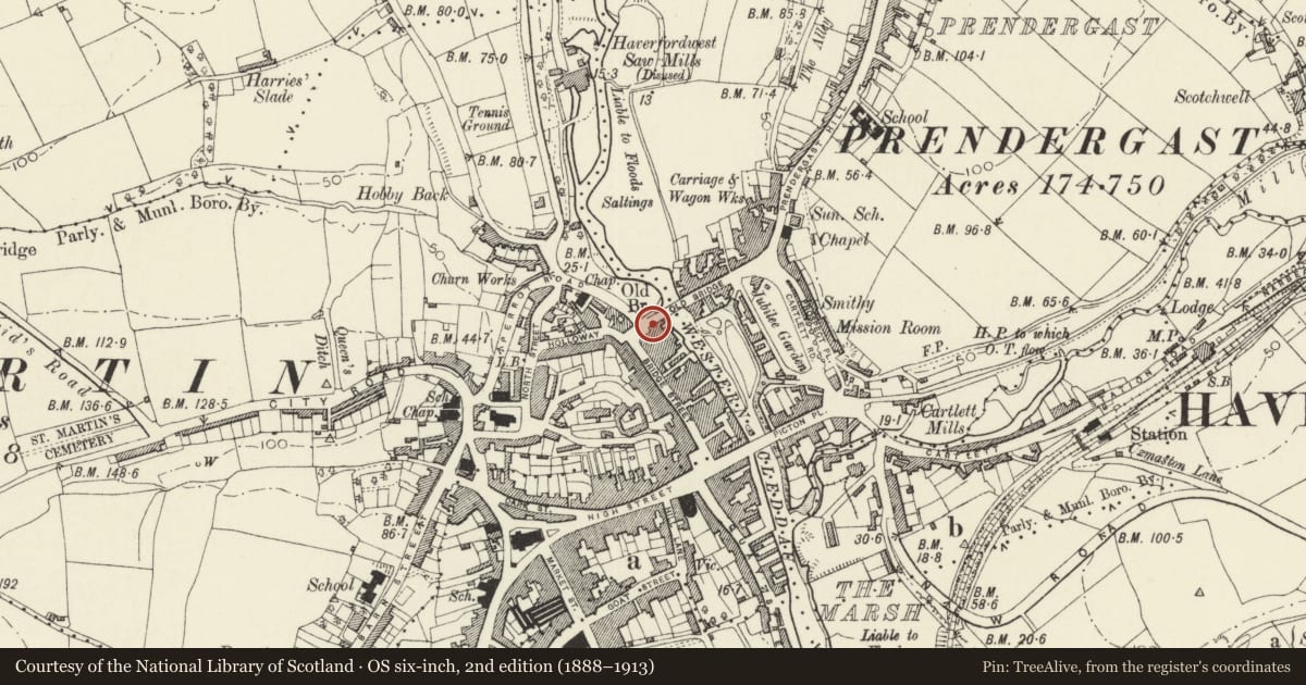 Ordnance Survey six-inch map, 2nd edition (1888–1913) covering the location of 43 Bridge Street, Haverfordwest, Pembrokeshire, with a pin at the register's coordinates