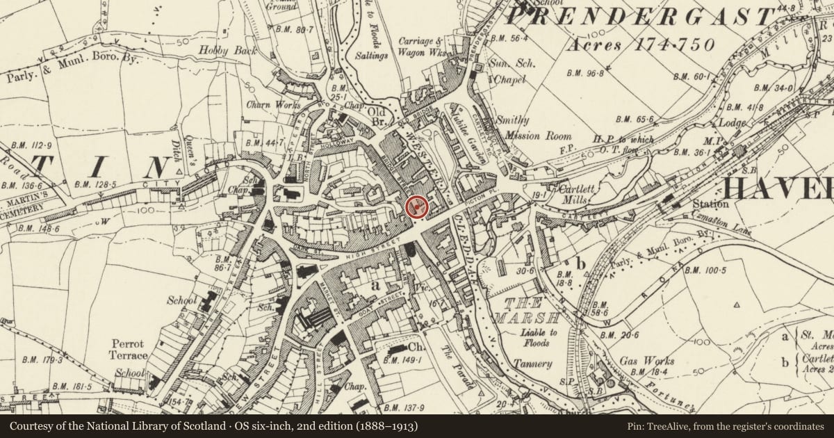 Ordnance Survey six-inch map, 2nd edition (1888–1913) covering the location of 2 Bridge Street, Haverfordwest, Pembrokeshire, with a pin at the register's coordinates