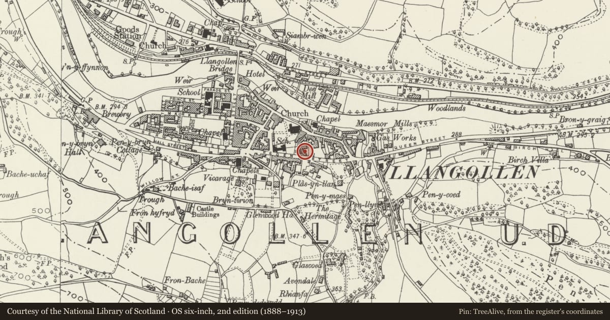 Ordnance Survey six-inch map, 2nd edition (1888–1913) covering the location of Prince of Wales PH, Llangollen, Denbighshire, with a pin at the register's coordinates