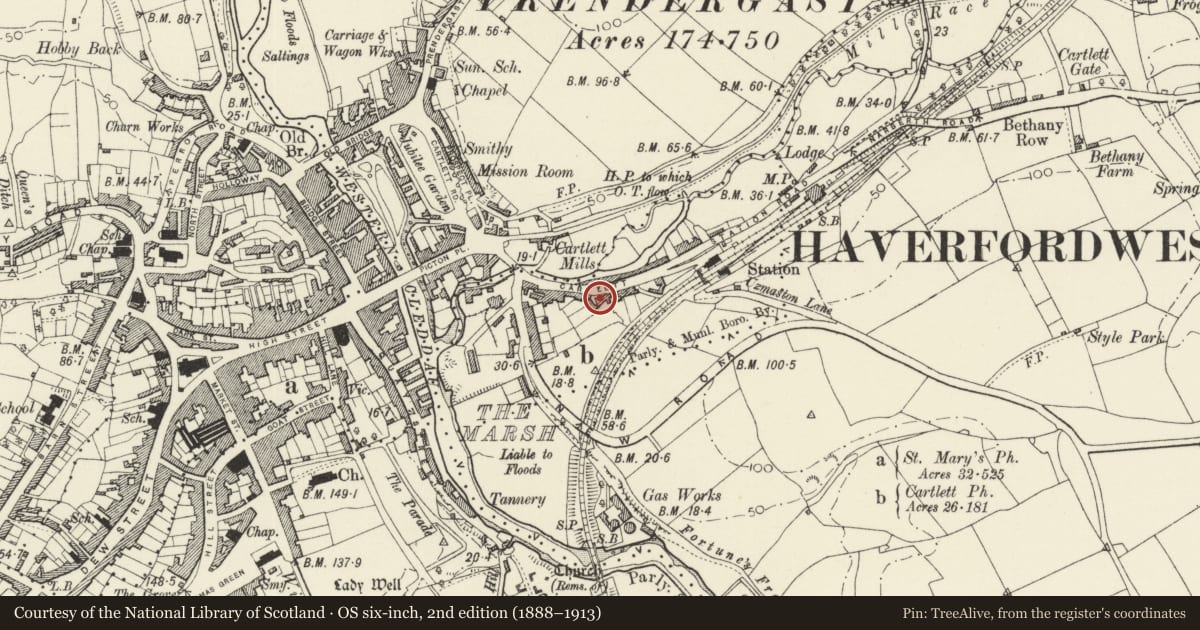 Ordnance Survey six-inch map, 2nd edition (1888–1913) covering the location of Cartlett House including low front wall and railings, Haverfordwest, Pembrokeshire, with a pin at the register's coordinates