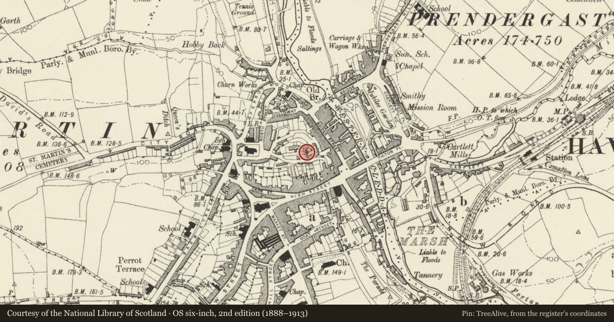 Ordnance Survey six-inch map, 2nd edition (1888–1913) covering the location of The Governor's House, Haverfordwest, Pembrokeshire, with a pin at the register's coordinates