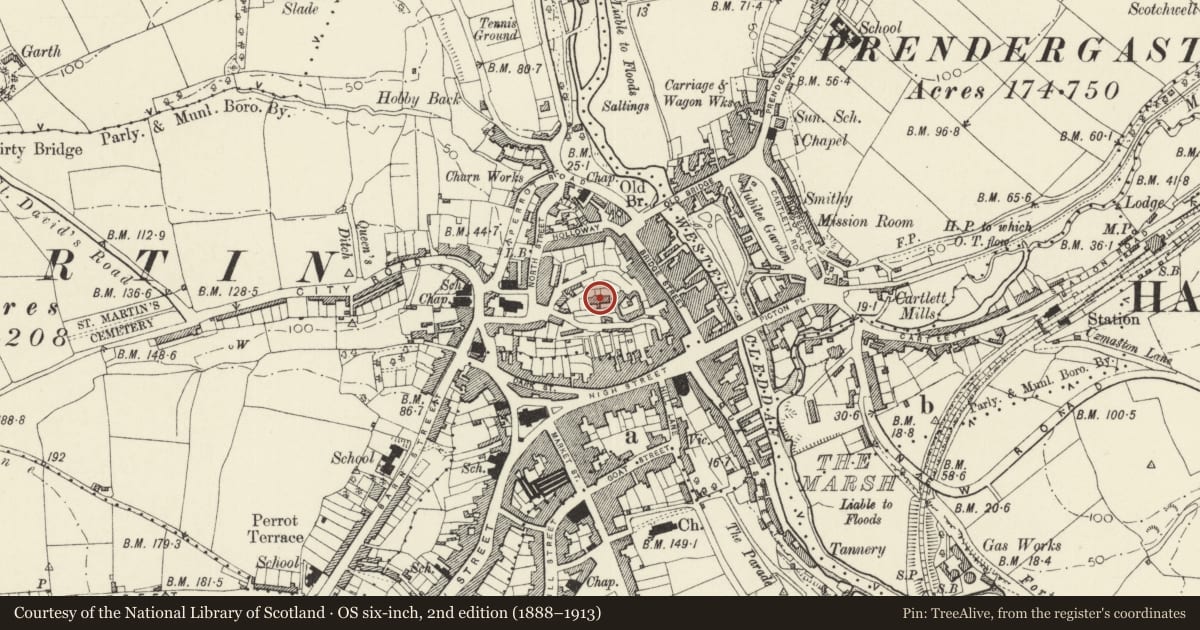 Ordnance Survey six-inch map, 2nd edition (1888–1913) covering the location of Former County Gaol, Haverfordwest, Pembrokeshire, with a pin at the register's coordinates