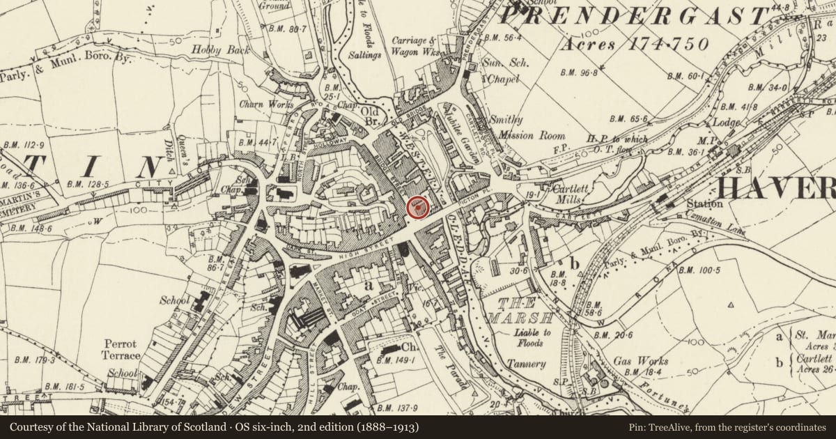 Ordnance Survey six-inch map, 2nd edition (1888–1913) covering the location of Friars Vaults Inn, Haverfordwest, Pembrokeshire, with a pin at the register's coordinates