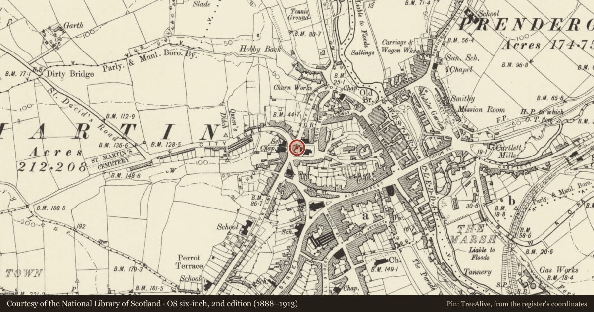 Ordnance Survey six-inch map, 2nd edition (1888–1913) covering the location of Wall enclosing garden behind No. 4 on W side, Haverfordwest, Pembrokeshire, with a pin at the register's coordinates