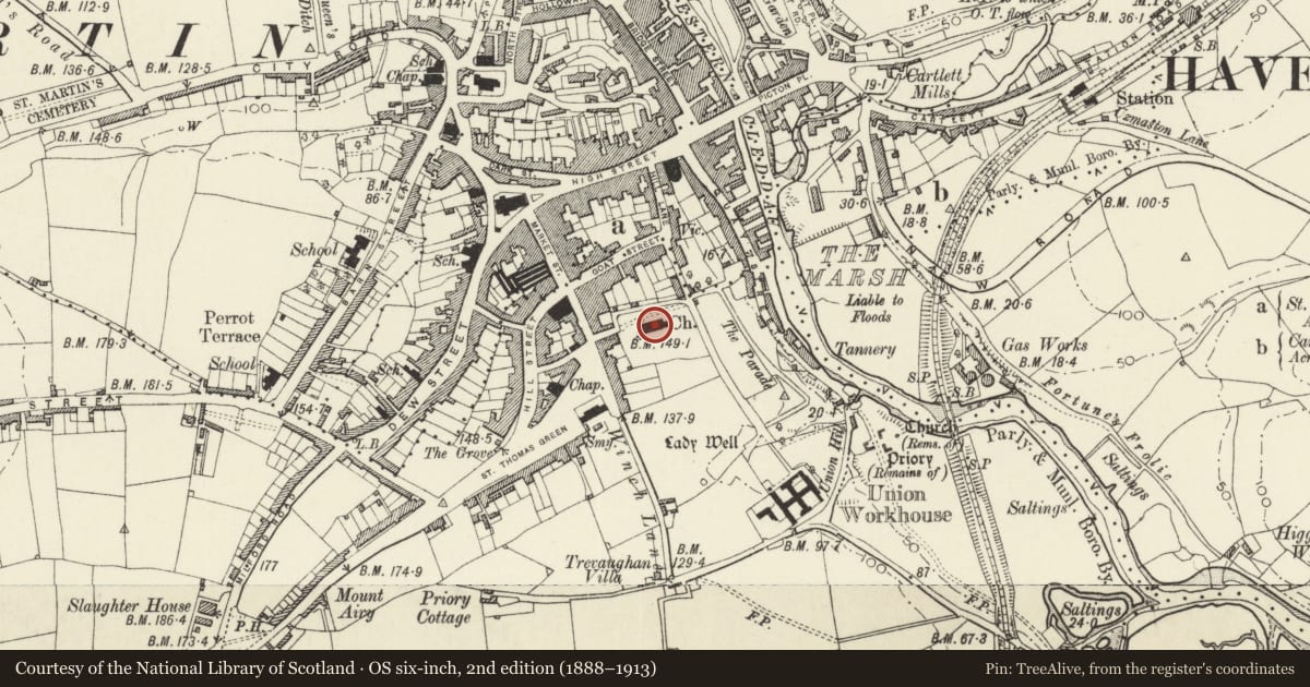 Ordnance Survey six-inch map, 2nd edition (1888–1913) covering the location of Church of Saint Thomas a Becket, Haverfordwest, Pembrokeshire, with a pin at the register's coordinates