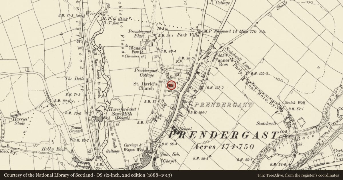 Ordnance Survey six-inch map, 2nd edition (1888–1913) covering the location of Church of Saint David, Haverfordwest, Pembrokeshire, with a pin at the register's coordinates