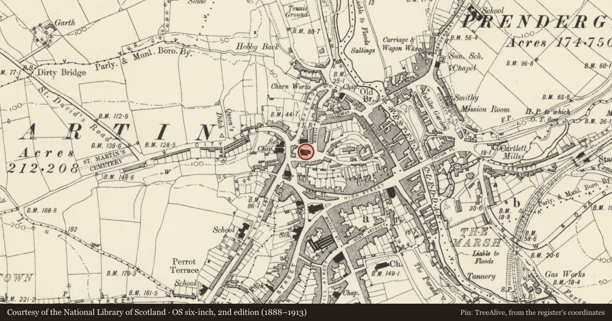 Ordnance Survey six-inch map, 2nd edition (1888–1913) covering the location of Church of Saint Martin of Tours, Haverfordwest, Pembrokeshire, with a pin at the register's coordinates