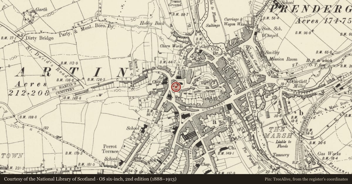 Ordnance Survey six-inch map, 2nd edition (1888–1913) covering the location of Churchyard walls and gates to Saint Martin's Church, Haverfordwest, Pembrokeshire, with a pin at the register's coordinates