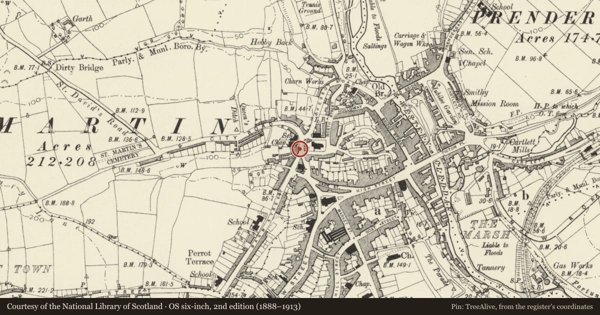 Ordnance Survey six-inch map, 2nd edition (1888–1913) covering the location of Cromwell House, Nos. 1 and 3 City Road, Haverfordwest, Pembrokeshire, with a pin at the register's coordinates
