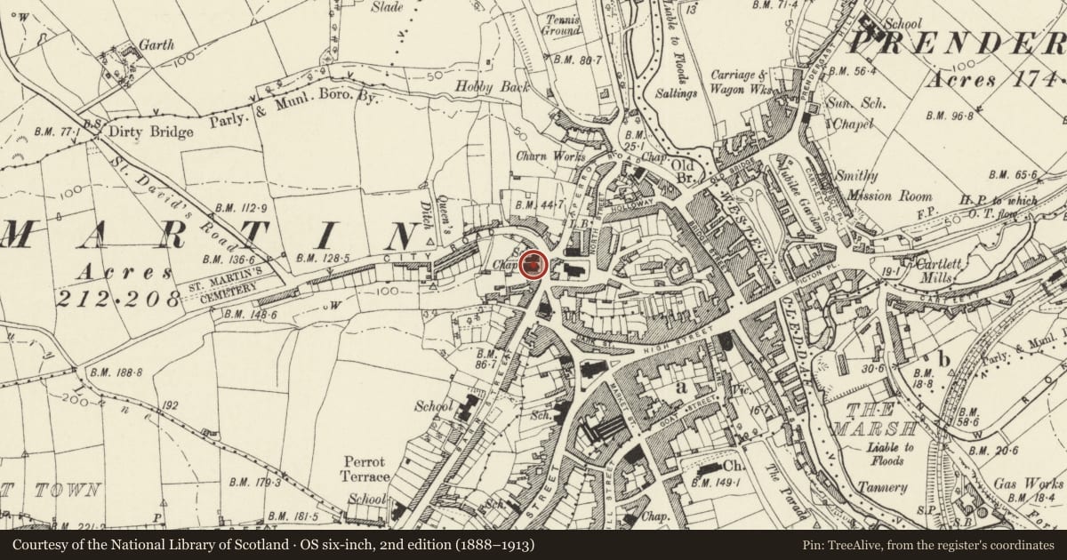 Ordnance Survey six-inch map, 2nd edition (1888–1913) covering the location of Tabernacle Congregational Church, Haverfordwest, Pembrokeshire, with a pin at the register's coordinates
