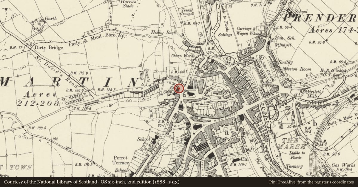 Ordnance Survey six-inch map, 2nd edition (1888–1913) covering the location of Tabernacle Church School, Haverfordwest, Pembrokeshire, with a pin at the register's coordinates