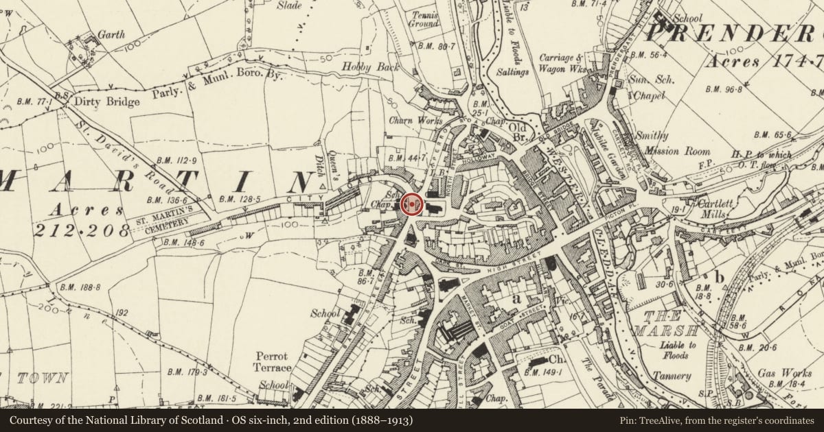 Ordnance Survey six-inch map, 2nd edition (1888–1913) covering the location of Forecourt dwarf wall and railings to Tabernacle Church and to Tabernacle Church School, Haverfordwest, Pembrokeshire, with a pin at the register's coordinates