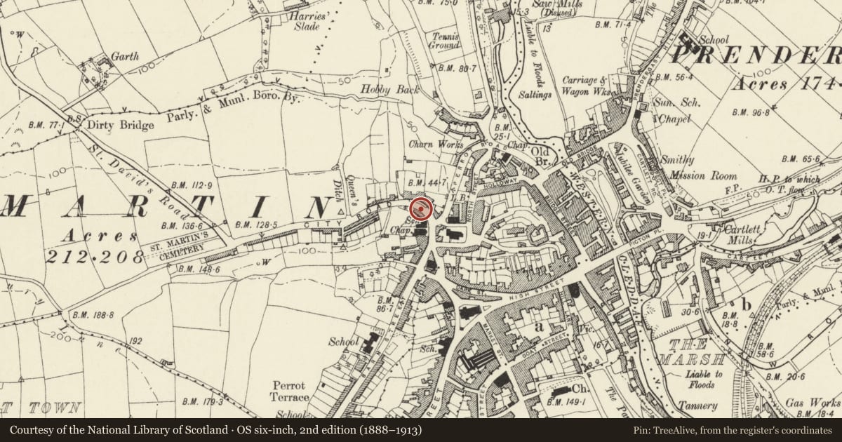 Ordnance Survey six-inch map, 2nd edition (1888–1913) covering the location of Elm Cottage and front railings, Haverfordwest, Pembrokeshire, with a pin at the register's coordinates