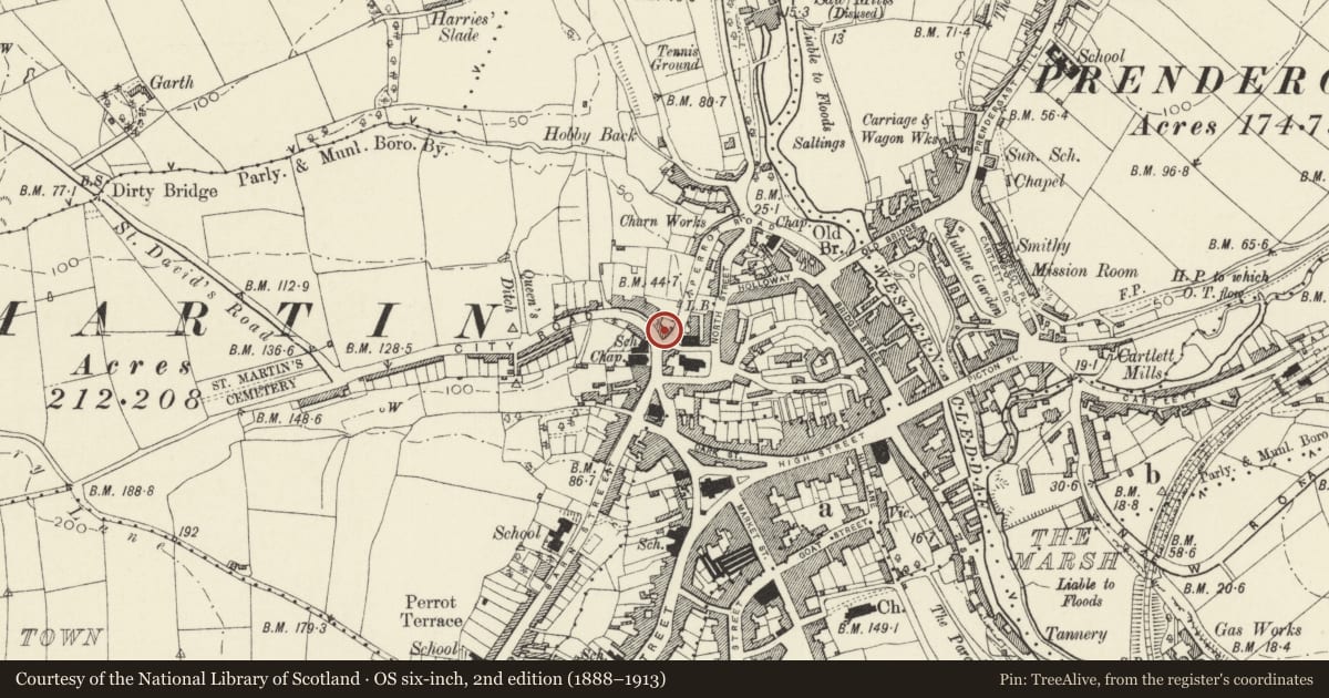 Ordnance Survey six-inch map, 2nd edition (1888–1913) covering the location of 12 City Road, Haverfordwest, Pembrokeshire, with a pin at the register's coordinates