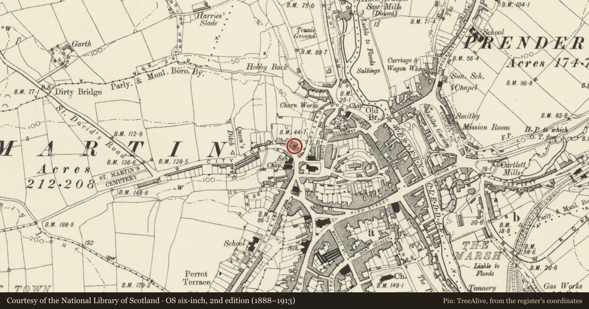Ordnance Survey six-inch map, 2nd edition (1888–1913) covering the location of 20 City Road, Haverfordwest, Pembrokeshire, with a pin at the register's coordinates