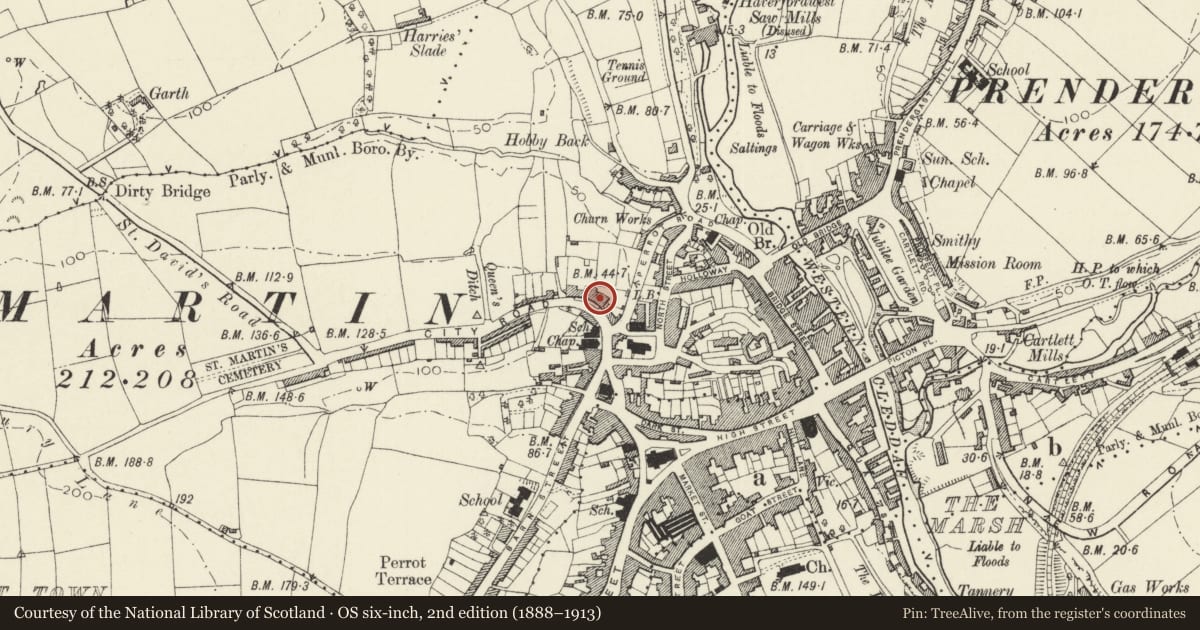Ordnance Survey six-inch map, 2nd edition (1888–1913) covering the location of 22 City Road, Haverfordwest, Pembrokeshire, with a pin at the register's coordinates