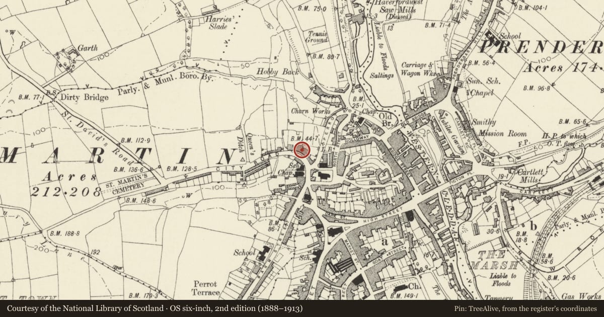 Ordnance Survey six-inch map, 2nd edition (1888–1913) covering the location of 24 City Road, Haverfordwest, Pembrokeshire, with a pin at the register's coordinates