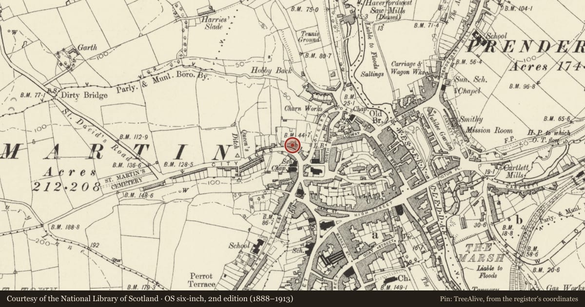 Ordnance Survey six-inch map, 2nd edition (1888–1913) covering the location of 26 City Road, Haverfordwest, Pembrokeshire, with a pin at the register's coordinates