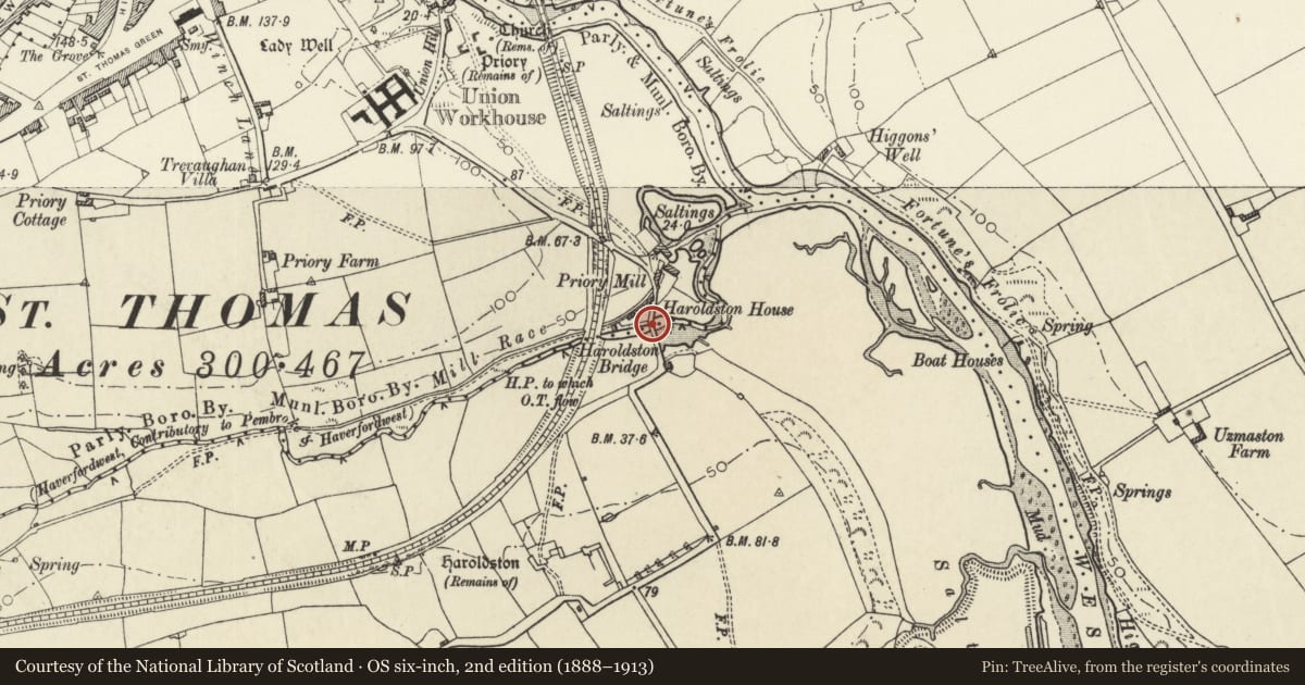 Ordnance Survey six-inch map, 2nd edition (1888–1913) covering the location of Haroldstone Bridge (partly in Merlins Bridge community), Haverfordwest, Pembrokeshire, with a pin at the register's coordinates