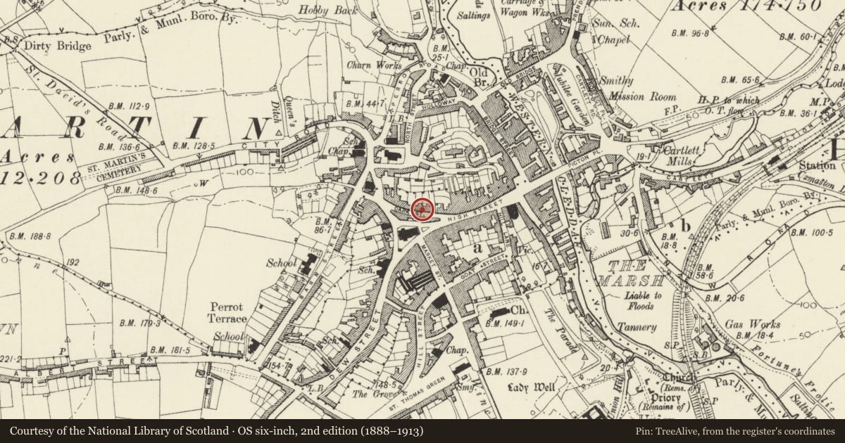 Ordnance Survey six-inch map, 2nd edition (1888–1913) covering the location of 3 Dark Street, Haverfordwest, Pembrokeshire, with a pin at the register's coordinates