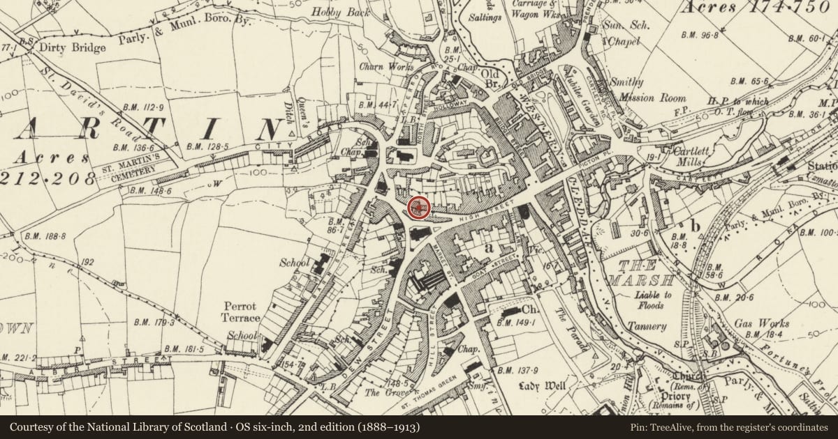 Ordnance Survey six-inch map, 2nd edition (1888–1913) covering the location of Summerville House, Haverfordwest, Pembrokeshire, with a pin at the register's coordinates