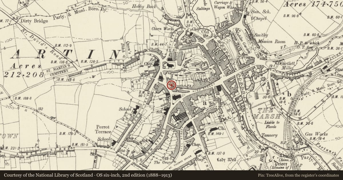 Ordnance Survey six-inch map, 2nd edition (1888–1913) covering the location of 11 Dark Street, Haverfordwest, Pembrokeshire, with a pin at the register's coordinates