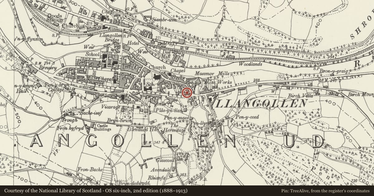 Ordnance Survey six-inch map, 2nd edition (1888–1913) covering the location of 45 Regent Street, Llangollen, Denbighshire, with a pin at the register's coordinates