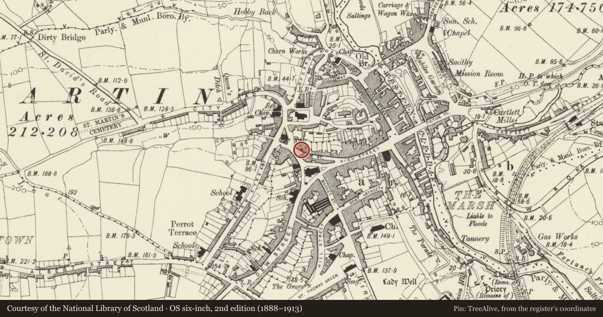 Ordnance Survey six-inch map, 2nd edition (1888–1913) covering the location of 12 Dark Street, Haverfordwest, Pembrokeshire, with a pin at the register's coordinates