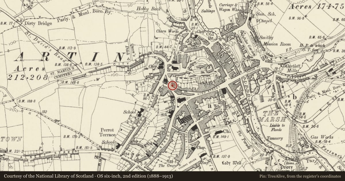 Ordnance Survey six-inch map, 2nd edition (1888–1913) covering the location of 14 Dark Street, Haverfordwest, Pembrokeshire, with a pin at the register's coordinates