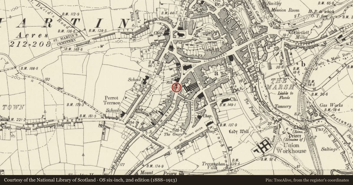 Ordnance Survey six-inch map, 2nd edition (1888–1913) covering the location of 7 Dew Street, Haverfordwest, Pembrokeshire, with a pin at the register's coordinates