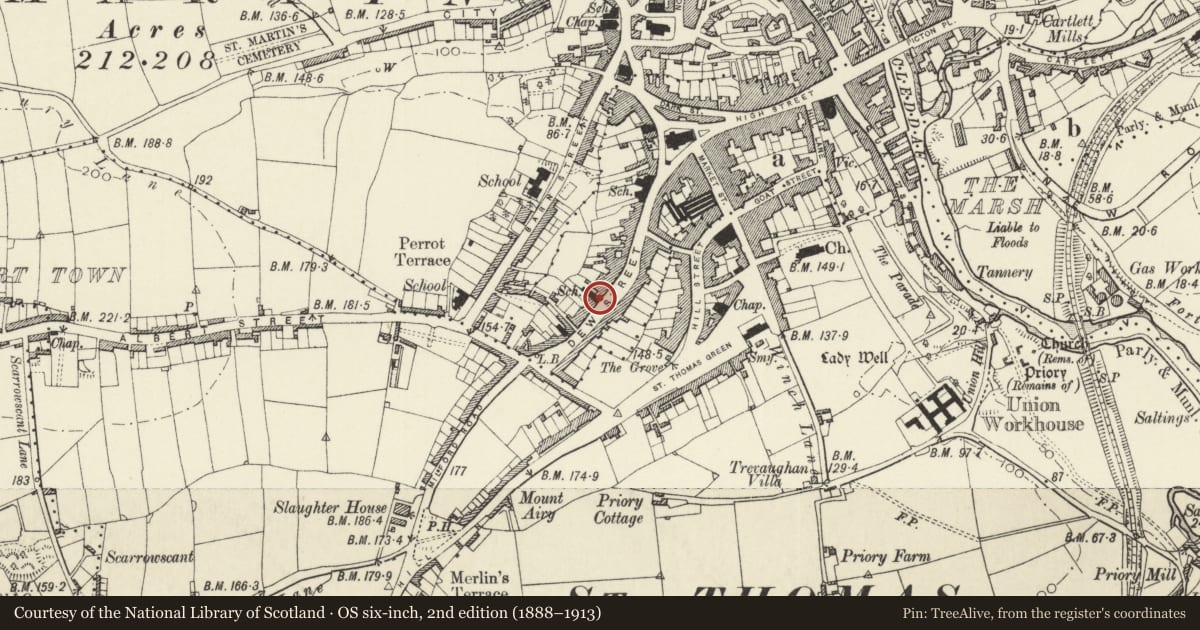 Ordnance Survey six-inch map, 2nd edition (1888–1913) covering the location of No. 43 Dew Street (formerly the Dew Street Infants School), Haverfordwest, Pembrokeshire, with a pin at the register's coordinates