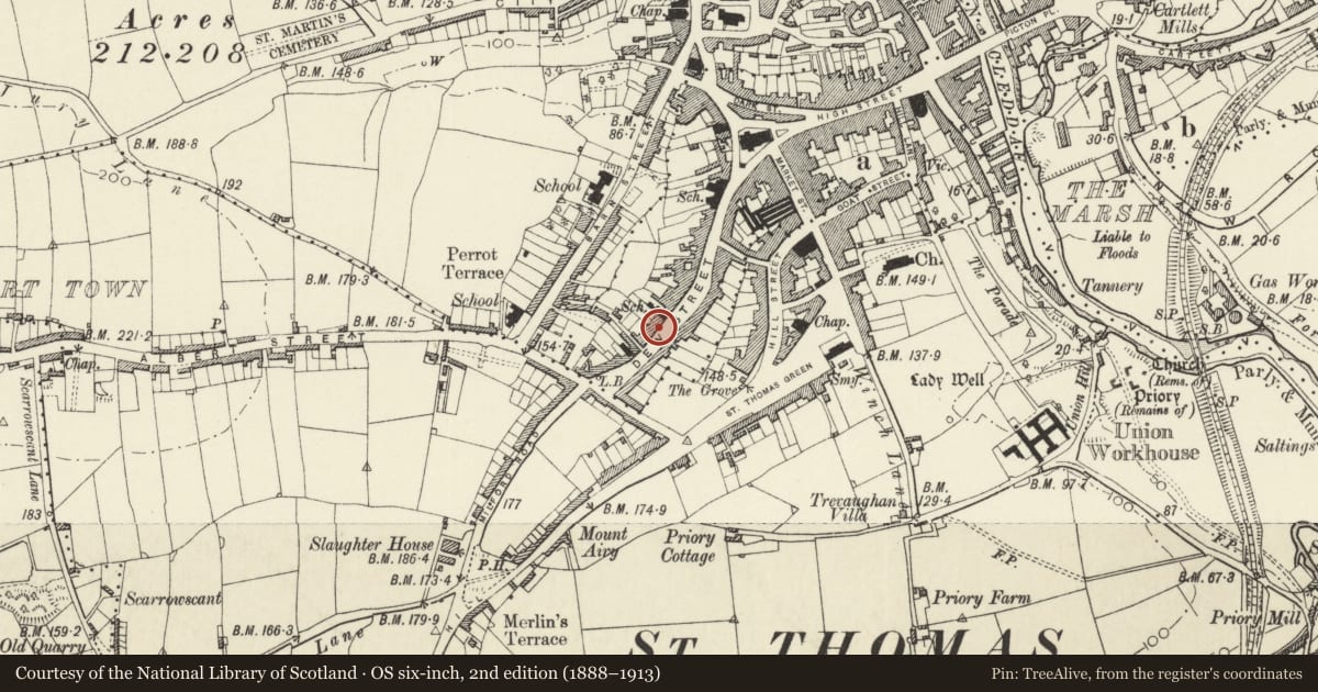 Ordnance Survey six-inch map, 2nd edition (1888–1913) covering the location of 49 Dew Street, Haverfordwest, Pembrokeshire, with a pin at the register's coordinates
