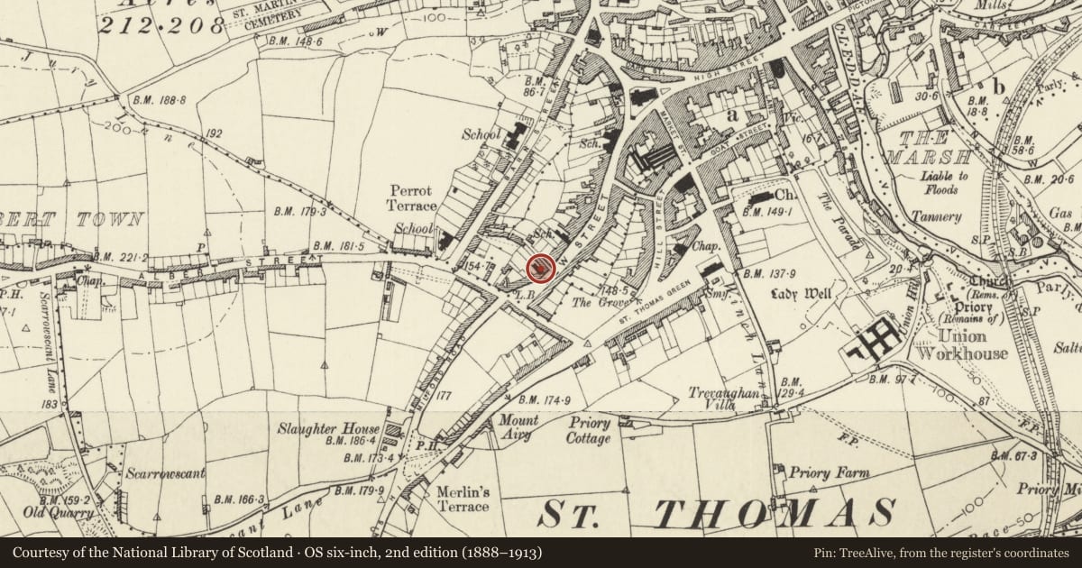 Ordnance Survey six-inch map, 2nd edition (1888–1913) covering the location of Roman Catholic Church of Saint David and Saint Patrick, Haverfordwest, Pembrokeshire, with a pin at the register's coordinates