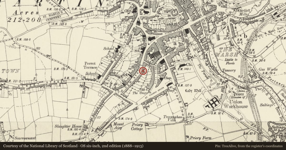 Ordnance Survey six-inch map, 2nd edition (1888–1913) covering the location of 44 Dew Street, Haverfordwest, Pembrokeshire, with a pin at the register's coordinates