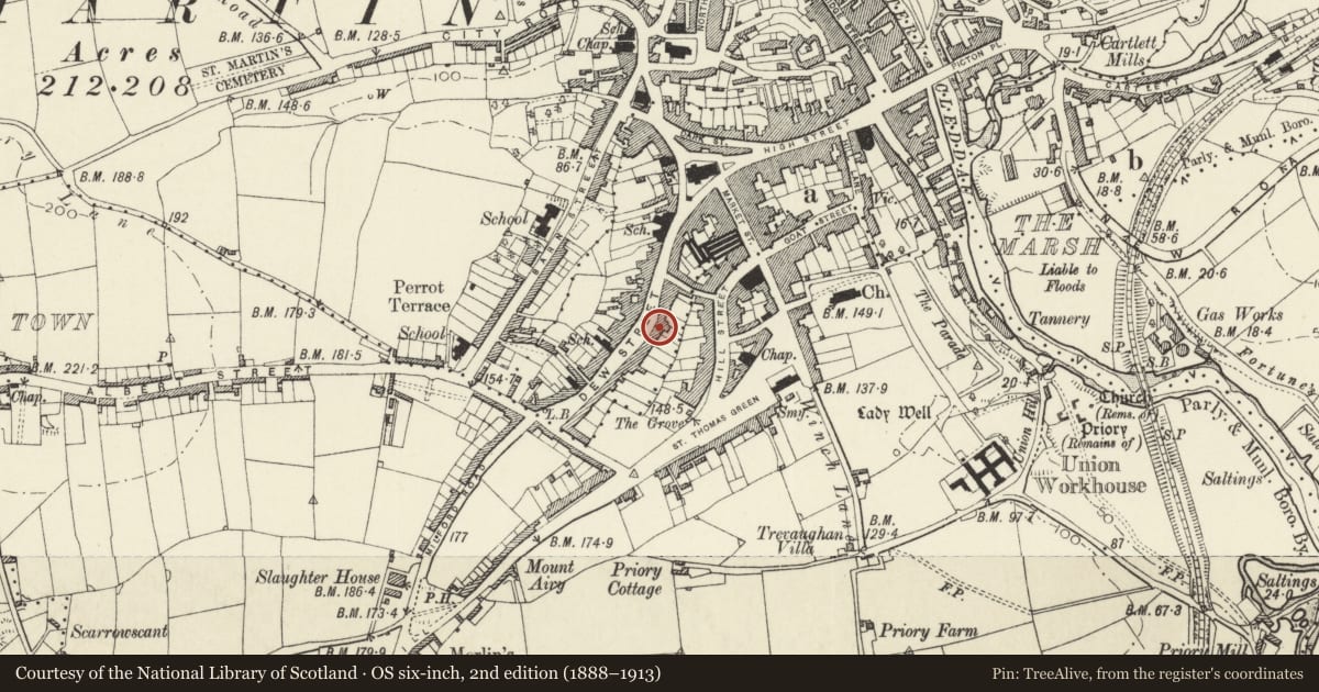 Ordnance Survey six-inch map, 2nd edition (1888–1913) covering the location of 46 Dew Street, Haverfordwest, Pembrokeshire, with a pin at the register's coordinates