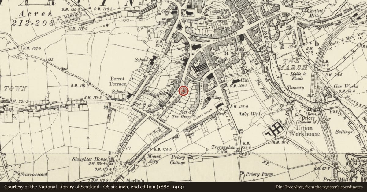 Ordnance Survey six-inch map, 2nd edition (1888–1913) covering the location of 48 Dew Street, Haverfordwest, Pembrokeshire, with a pin at the register's coordinates