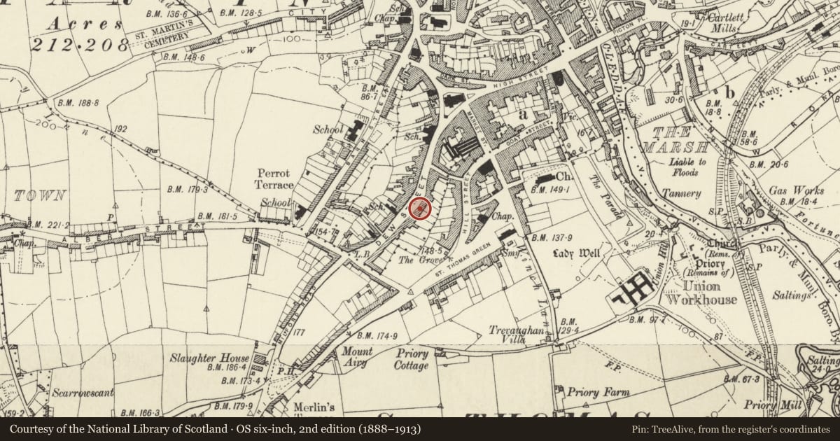 Ordnance Survey six-inch map, 2nd edition (1888–1913) covering the location of 52 Dew Street, Haverfordwest, Pembrokeshire, with a pin at the register's coordinates