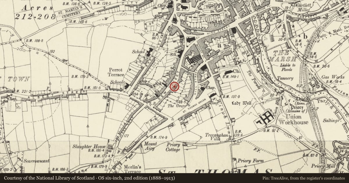 Ordnance Survey six-inch map, 2nd edition (1888–1913) covering the location of 56 Dew Street, Haverfordwest, Pembrokeshire, with a pin at the register's coordinates